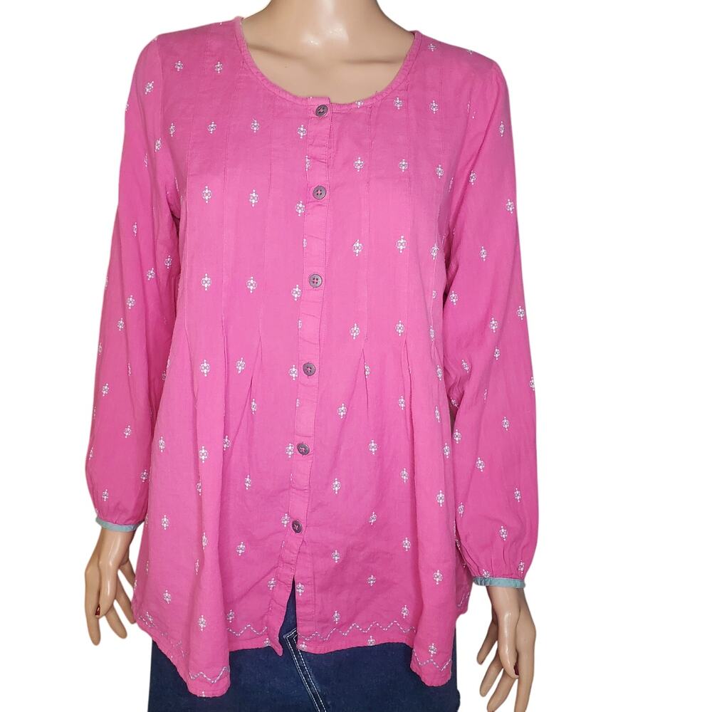 Vintage Gudrun Sjoden S Pink Organic Cotton Embroidered Pintuck Button Tunic